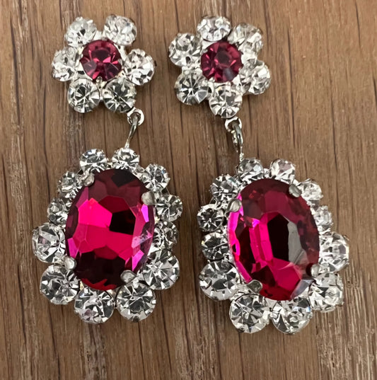 Fuchsia Oval Crystal Drop Earrings